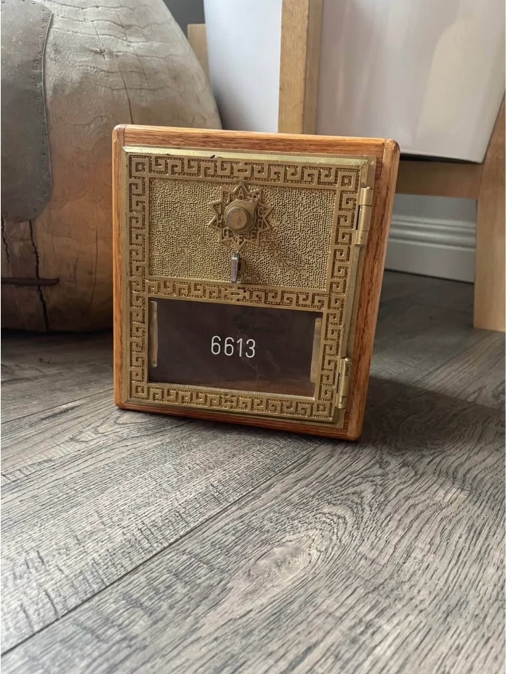 Antique decorative  Brass and Wood Wall Mailbox Bank with Working Combination